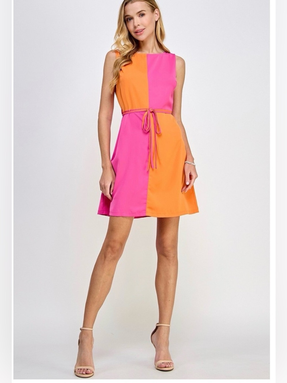 NWOT Trina Turk Coco Pink & Orange Colorblock Tie-Waist Mini Dress